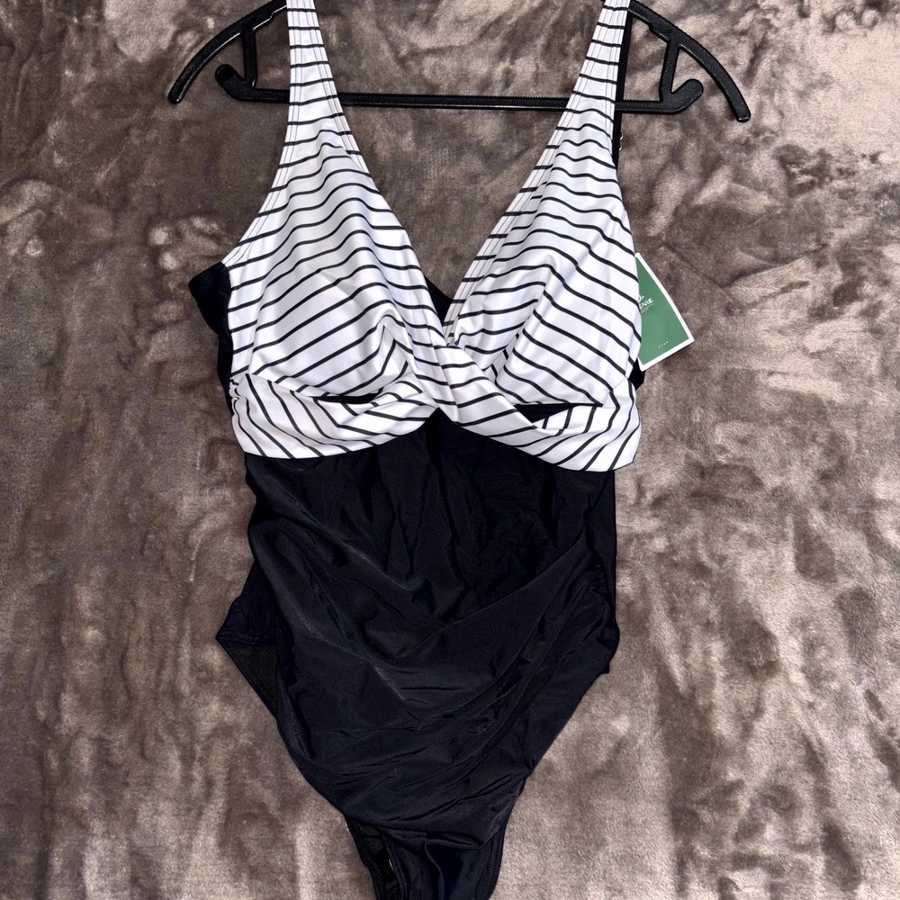 Eomenie‎ Ruched Swimsuit One Piece Womens Large Black White Striped Twist Front